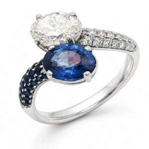 Blue Sapphire and 1.21 Carat Canadian Diamond You and Me Ring In 18K White Gold