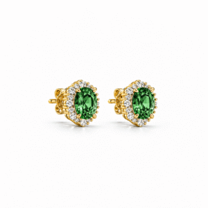Vintage Inspired Green Sapphire and Canadian Diamond Halo Stud Earrings in Yellow Gold