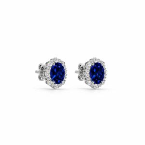 Vintage Inspired Blue Sapphire 1.75 Carat TW and Canadian Diamond Halo Stud Earrings in White Gold