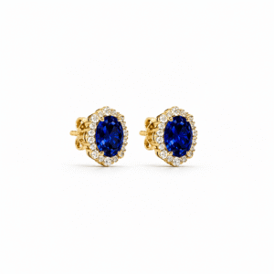 Vintage Inspired Blue Sapphire 1.90 Carat TW and Canadian Diamond Halo Stud Earrings in Yellow Gold