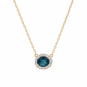 Oval Cut 1.24 Carat Blue Sapphire and Canadian Diamond Halo Pendant in 14K White and Yellow Gold