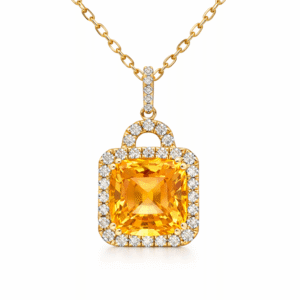Orange Sapphire and Diamond Halo Pendant In 14K Yellow Gold