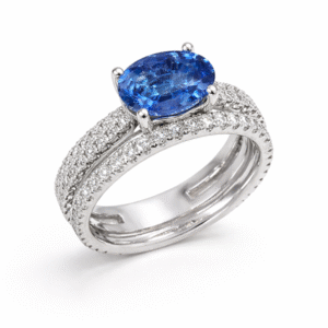 Ceylon Origin Blue Sapphire Ring with Pave Diamond Split Shank in 18K White Gold