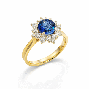 Blue Sapphire and Diamond Starburst Halo Ring in 18K Yellow and White Gold