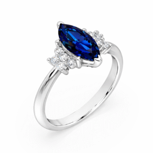Marquise Shaped Blue Sapphire and Canadian Diamond Accent Ring in White Gold