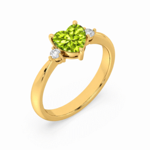 Heart Shaped 1.28 Carat Peridot and Diamond Three Stone Ring in 18K Yellow Gold