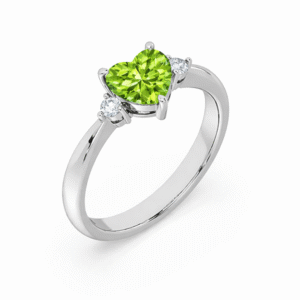 Heart Shaped 1.17 Carat Peridot and Canadian Diamond Three Stone Ring in White Gold