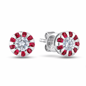 Ruby & Canadian Diamond Halo Stud Earrings in White Gold