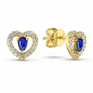 Blue Sapphire and Canadian Diamond Halo Heart Stud Earrings In Yellow Gold