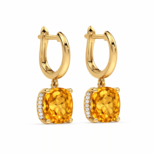 Cushion Cut Citrine and Canadian Diamond Halo Dangle Earrings in Yellow Gold