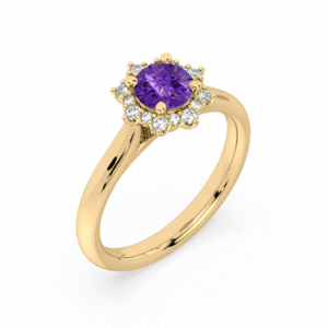 Amethyst and Canadian Diamond Floral Halo Ring With Hidden Details in Yellow Gold