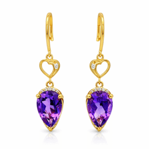 Pear Shaped Amethyst and Canadian Diamond Dangle Earrings Yellow Gold