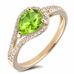 Peridot and Canadian Diamond Split Shank Halo Ring in Yellow Gold