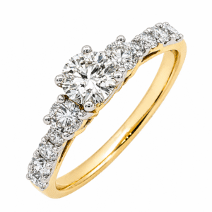 Canadian Diamond Three Stone Engagement Ring With Pave Details in 18K Yellow and White Gold 0.96 Carat TW