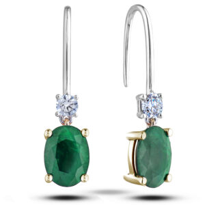 Oval Shaped Emerald and Canadian Diamond Dangle Drop Earrings in White and Yellow Gold