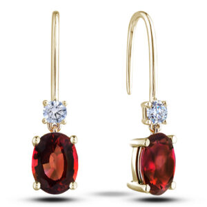 Oval Garnet and Canadian Diamond Dainty Drop Earrings in Yellow Gold