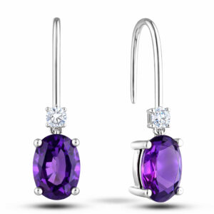 Oval Amethyst and Canadian Diamond Dainty Drop Earrings in White Gold
