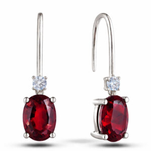Oval Garnet and Canadian Diamond Dainty Drop Earrings in White Gold