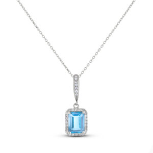 Emerald Cut Aquamarine and Canadian Diamond Halo Pendant in White Gold