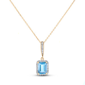 Emerald Cut Aquamarine and Canadian Diamond Halo Pendant in Yellow Gold