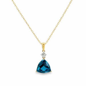 Trilliant Cut Blue Topaz and Canadian Diamond Pendant in White and Yellow Gold