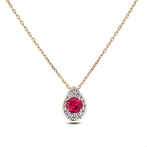 Canadian Diamond and Ruby 0.27 Carat Halo Pear Shaped Pendant in Yellow Gold