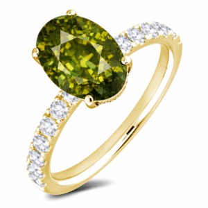 Yellow Green Sapphire and Canadian Diamonds Ring With Hidden Halo in Yellow Gold