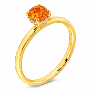Round Cut Orange Sapphire 0.78 Carat and Canadian Diamond Hidden Halo Ring in Yellow Gold