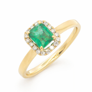 Brazilian Origin Emerald and Diamond Halo Ring in 18K Yellow Gold