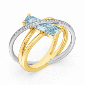 Aquamarine & Diamond Crossover Ring in Yellow and White Gold