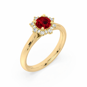 Ruby and Canadian Diamond Floral Halo Ring With Hidden Details in Yellow Gold