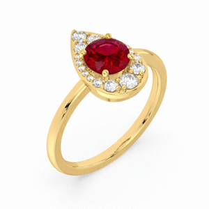 Canadian Diamond Pear Shaped Halo and Ruby Ring in Yellow Gold