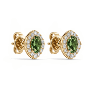 Green Sapphire and Canadian Diamonds Rhombus Halo Stud Earrings in Yellow Gold