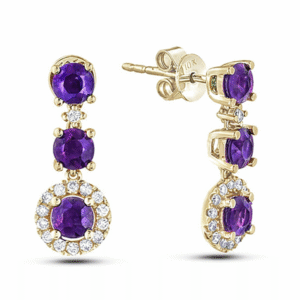 Amethyst and Diamond Three Stone Dangle Earrings in Yellow Gold