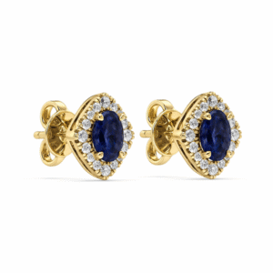 Blue Sapphire and Canadian Diamonds Rhombus Halo Stud Earrings in Yellow Gold