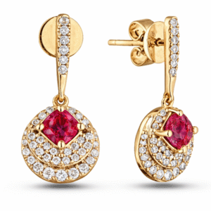 Princess Cut Ruby and Canadian Diamond Drop Earrings in Yellow Gold