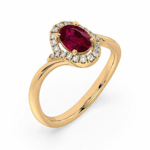 Oval Ruby and Canadian Diamond Halo Ring in Yellow Gold