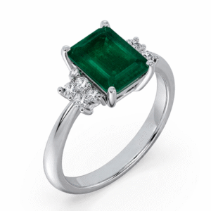 Emerald Cut Emerald and Diamond Accent Ring in 18K White Gold