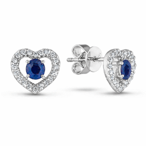 Blue Sapphire and Diamond Halo Heart Stud Earrings In White Gold