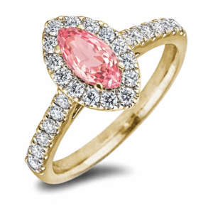 Ceylon Origin Padparadscha Color Orange Pink Sapphire and Diamond Halo Ring in 14K Yellow Gold
