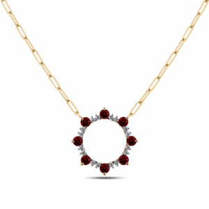 Ruby and Canadian Diamond Starburst Circle Necklace in Yellow Gold