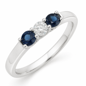 3 Stone Blue Sapphire and Canadian Diamond Anniversary Ring in White Gold