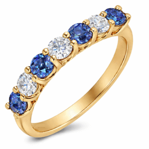 7 Stone Canadian Diamond and Blue Sapphire Anniversary Ring In Yellow Gold