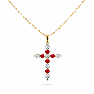 Canadian Diamond and Ruby Cross Pendant In Yellow Gold