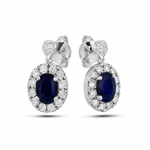 Canadian Diamond and Blue Sapphire Halo Drop Earrings in White Gold
