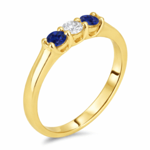 3 Stone Blue Sapphire and Canadian Diamond Anniversary Ring in Yellow Gold