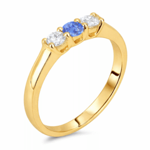 Blue Sapphire and Canadian Diamond Three Stone Anniversary Band In Yellow Gold