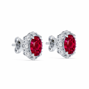 Vintage Inspired Thailand Origin Ruby and Diamond Halo Stud Earrings in 18K White Gold