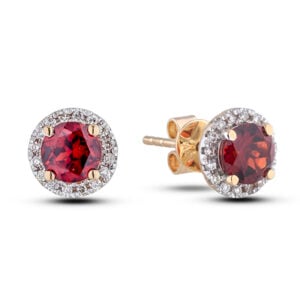 Ruby and Diamond Halo Stud Earrings in Yellow Gold
