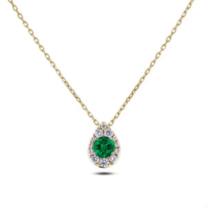 Canadian Diamond and Emerald 0.21 Carat Halo Pear Shaped Pendant in Yellow Gold